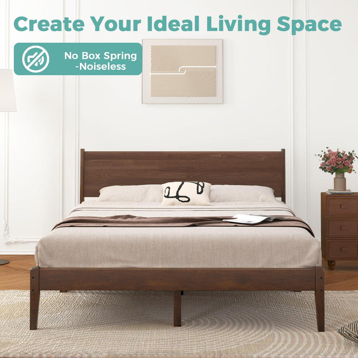 MORDEER Queen Size Bed Frame with Farmhouse Headboard, Malaysian Oak Queen Bed Frame No Box Spring Needed, Platform Bedframe with 12 Slats Support, Easy Assembly, Antique Espresso MORDEER