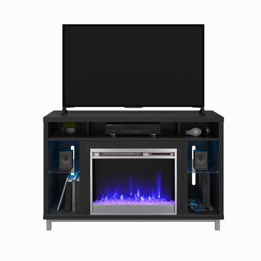 Ameriwood Home Lumina Fireplace TV Stand for TVs up to 48 Inch, Replaceable Electric Fireplace Insert Heater, Remote Control, Timer, Color Changing LED Lights, Crystal Ember Flames, Black Oak