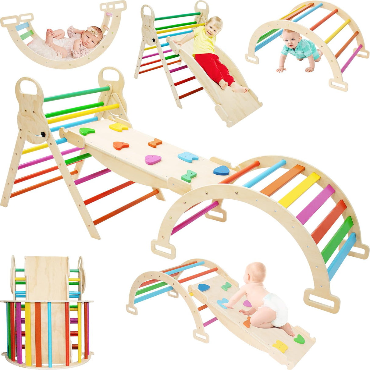 7in1 Rainbow Pikler Triangle Set Foldable Montessori Climber, Wooden Climbing Toys with Sliding Ramp&Arch Rocker for Kids,Climbing Indoor Playground Set for Toddlers Volscity
