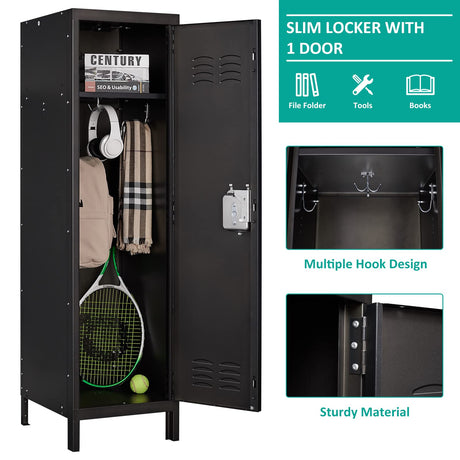 SISESOL Vintage Metal Locker,Storage Locker,Retro Black Single Locker with Hooks for Employees,Steel Locker for Home, Office,Gym,Old School Lockers Storage SISESOL