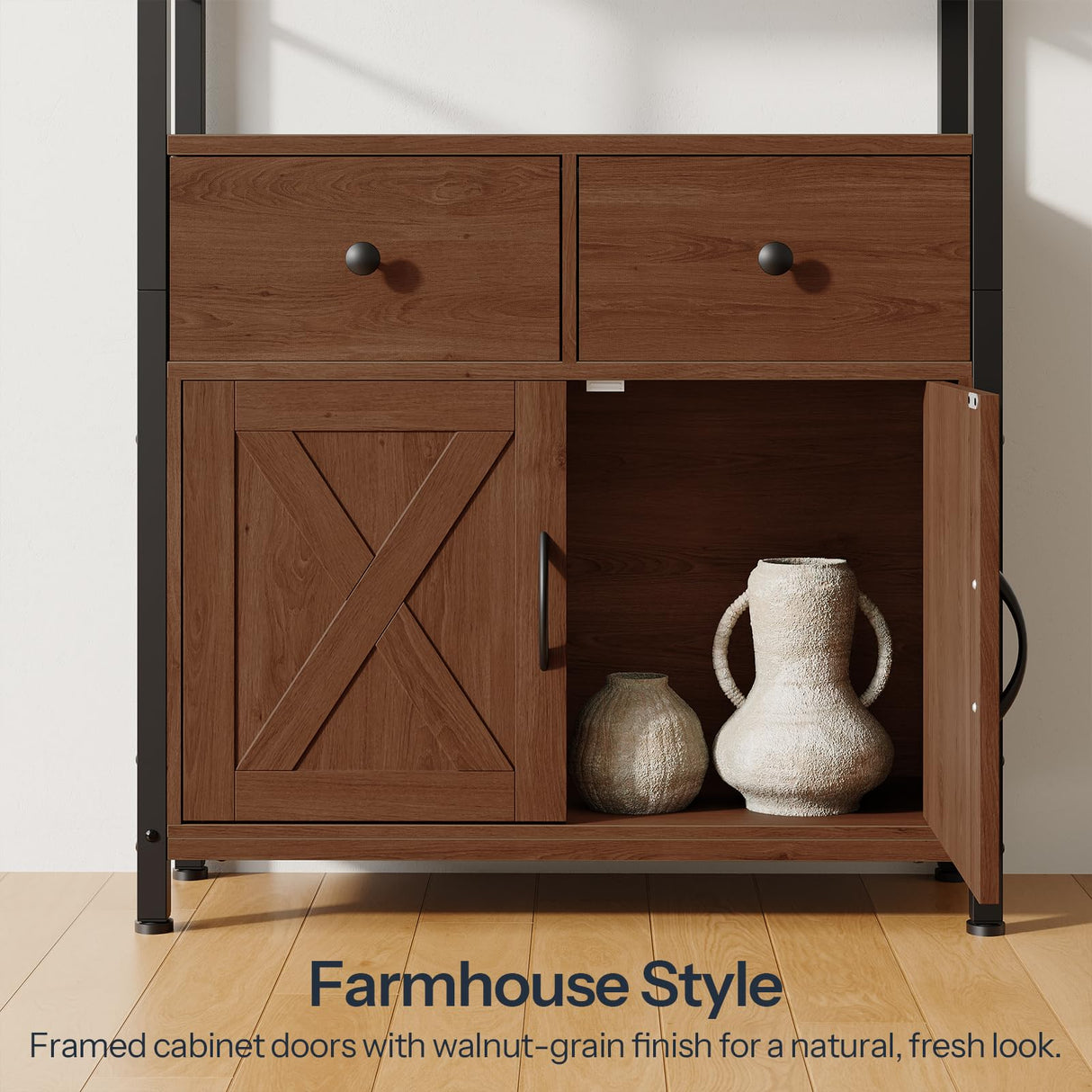 HOOBRO Bookshelf with Doors, Rustic Bookshelf with Drawers, Industrial Display Standing Shelf Units, Wooden and Metal Storage Shelf for Living Room, Home Office, Dining Room, Walnut and Black BH75SJ01 HOOBRO