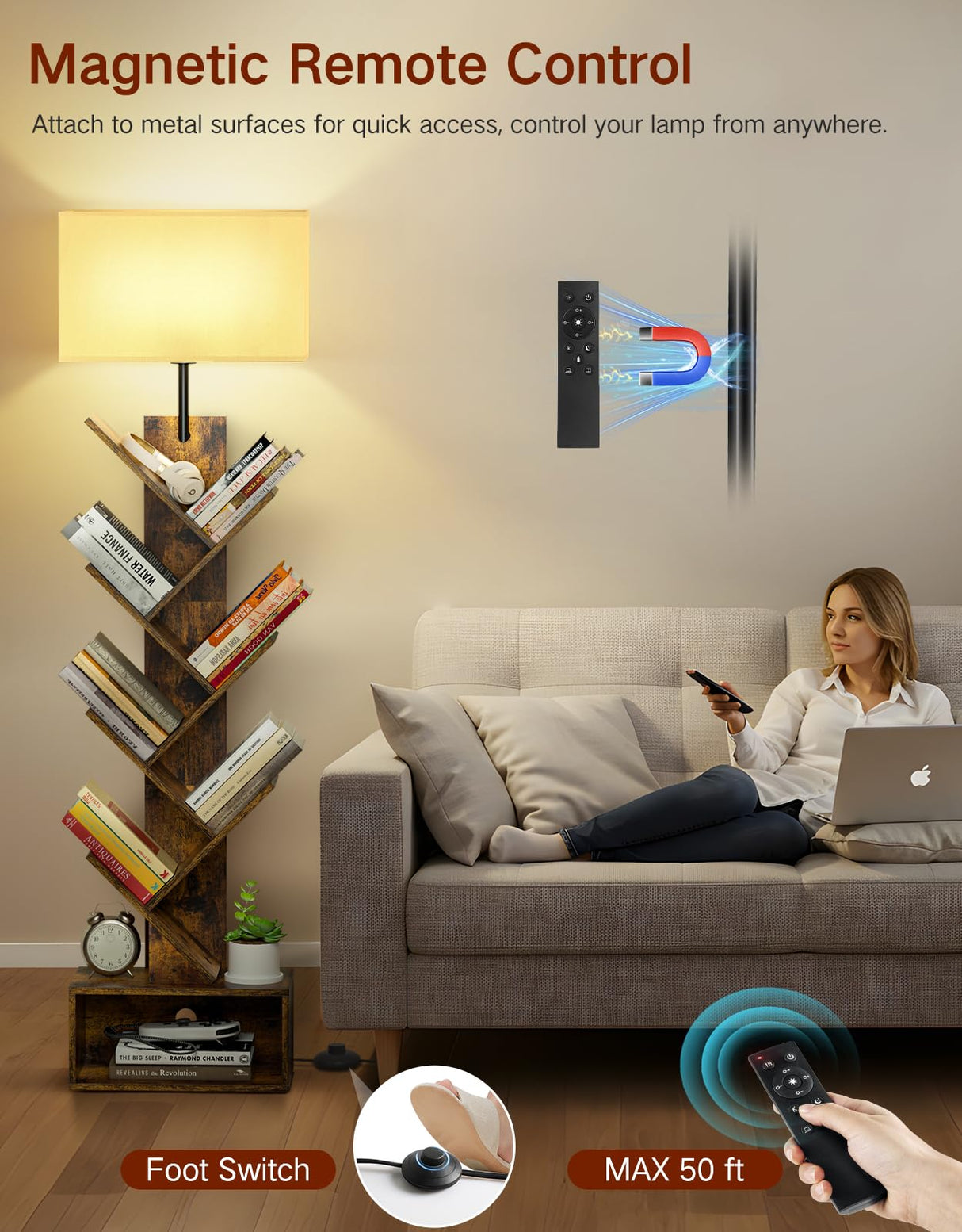 OUTONLIFE 8 Tier Tree Bookshelf with Lamp, Remote & Timer, Modern Tall Floor Standing Book Shelf, Narrow Wood Bookcase, Small Book Organizer Shelves for Living Room, Bedroom, Office (Rustic Brown) OUTONLIFE