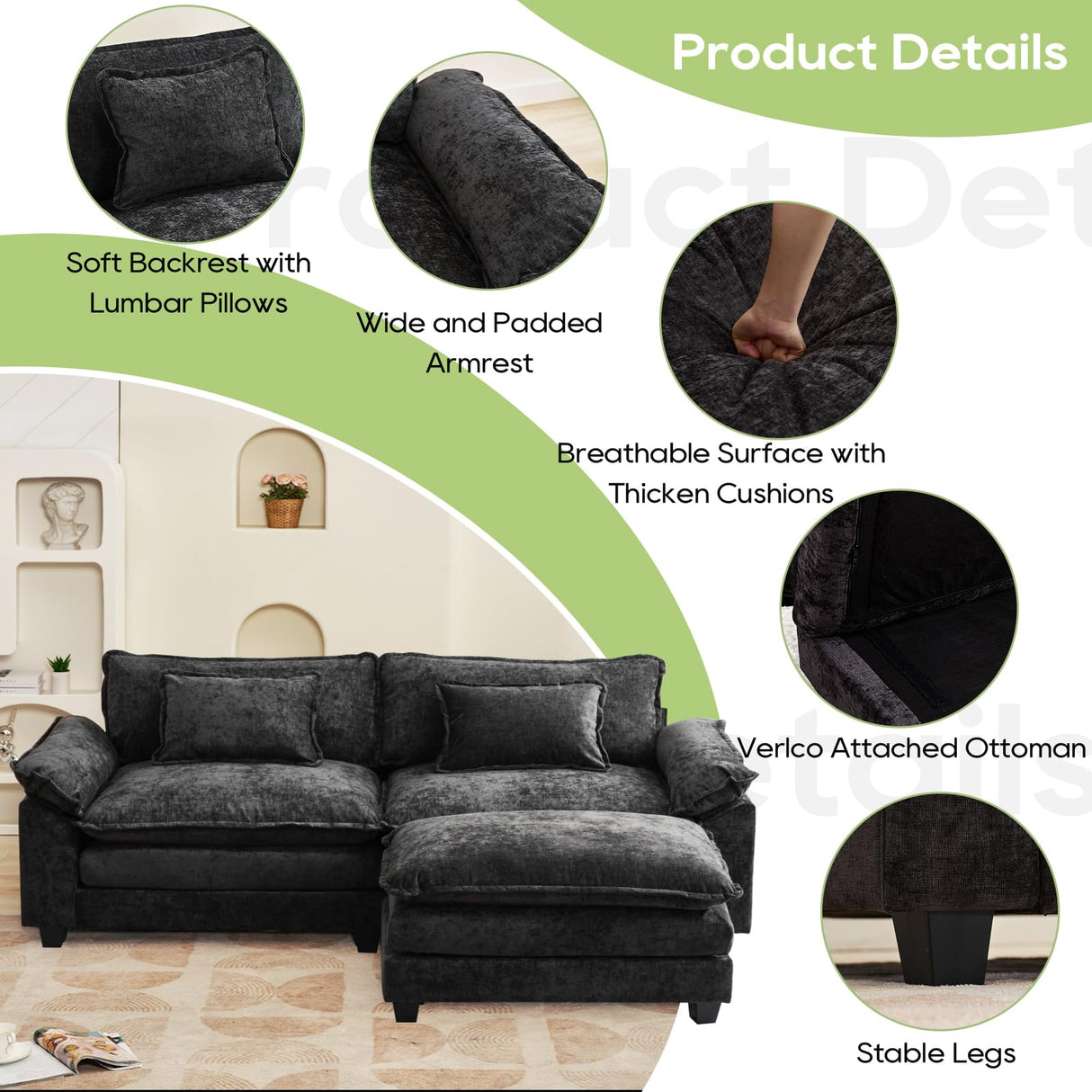 Oprisen Modular Sectional Sofa, Comfy Cloud Couch Sectional Sofa with Ottoman, Chenille Sofa Sleeper Deep Seat Sofa with Throw Pillows for Living Room (Black, 86"- L Shape) Oprisen