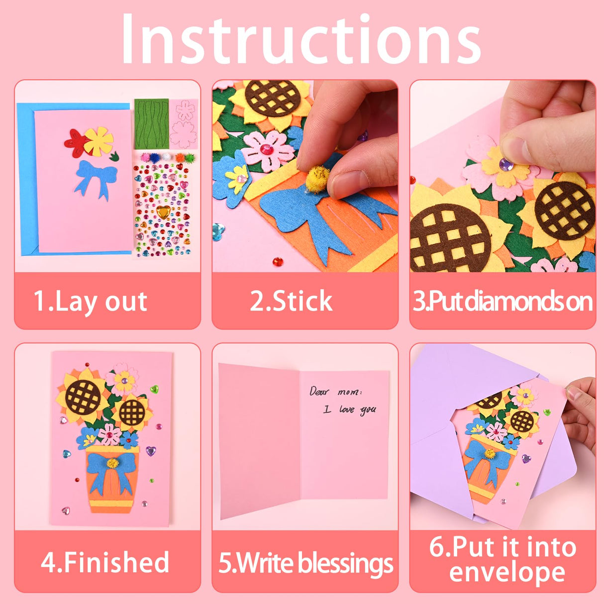 NatuBeau 12 Sets Mothers Day Crafts for Kids, Mother's Day Card Making Kits, DIY Flower Craft Handmade Greeting Card with Envelopes for Classroom Home Kindergarten Activities NatuBeau