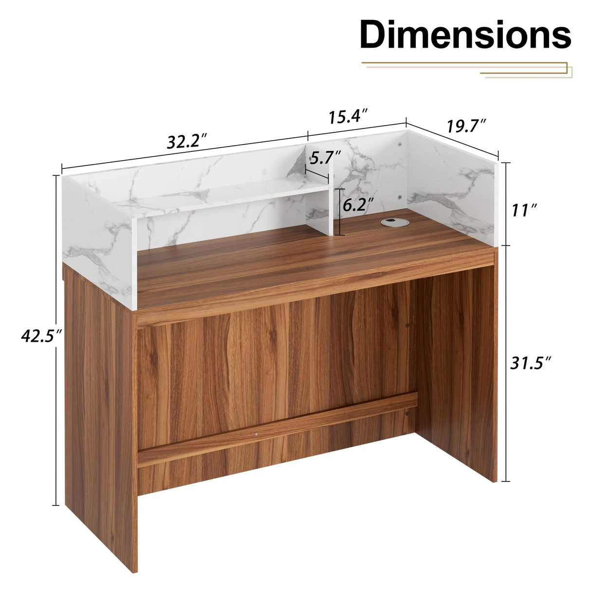 UEV Modern Reception Desk with Counter, 47“ Front Desk Reception Room Table with Cable Grommet, Marble Texture Top Front & Led Lights, Retail Counter for Beauty Salon, Checkout, Home Office UEV
