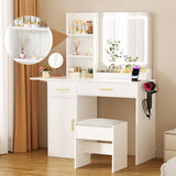 ERLEJIA Vanity Desk with Mirror and Lights & Extral Foldable Desk, 35.43" & 43.3" Makeup Vanity Table with Stool and Plug Outlet, 5 Drawers and Open Shelves Dressing Table for Bedroom, White and Gold ERLEJIA