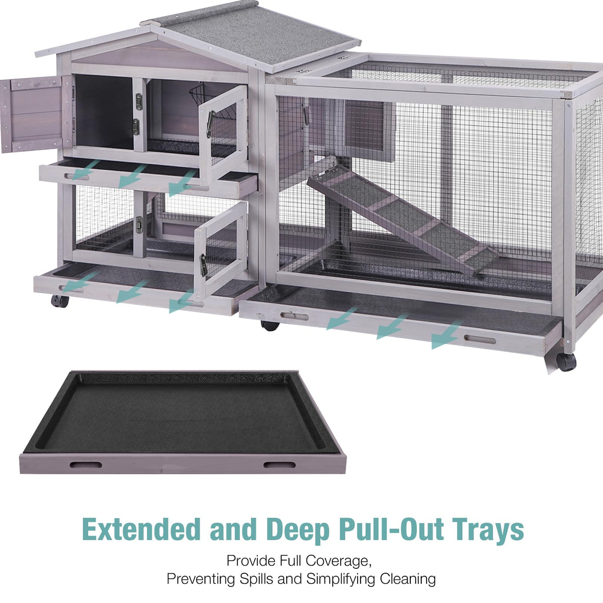 Suumerpety Rabbit Cage,Indoor Rabbit Hutch with Matel Frame and Pull Out Tray,Rabbit Hutch Chicken Coop with Run (Grey) Suumerpety