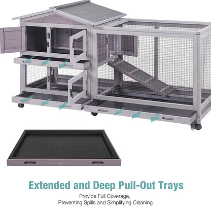 Suumerpety Rabbit Cage,Indoor Rabbit Hutch with Matel Frame and Pull Out Tray,Rabbit Hutch Chicken Coop with Run (Grey)