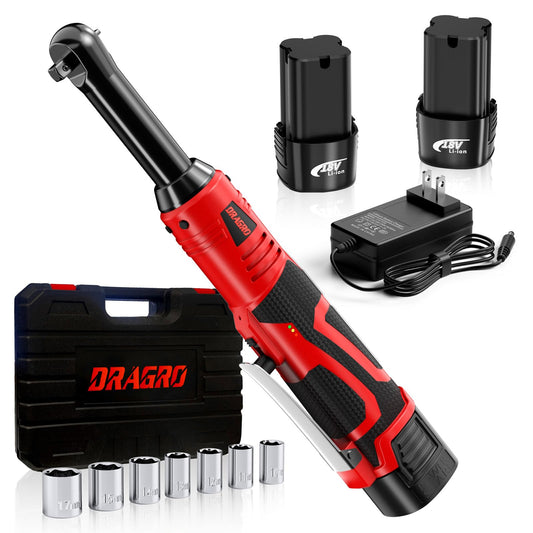 Dragro 3/8" 18V Extended Cordless Ratchet Wrench, 40 Ft-Lbs 450RPM Electric Power Ratchet Wrenches with 2Pcs 2000 mAh Batteries, Battery Powered Ratchet Driver with 7 Sockets, Variable Speed - WoodArtSupply