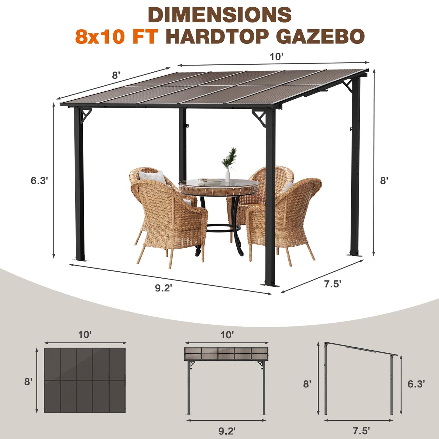 EBE 10' x 8' Gazebo, Lean to Gazebo on Clearance, Hardtop Wall Mounted Gazebo Pergola with Sloped Roof, Gazebo Awning for Patio, Porch, Deck