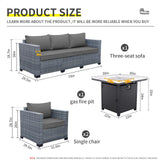 Lviden 4 Piece Wicker Patio Furniture Sets Outdoor Conversation Set PE Rattan Sectional Sofa Couch with Fire Pit Table and Grey Cushions Lviden