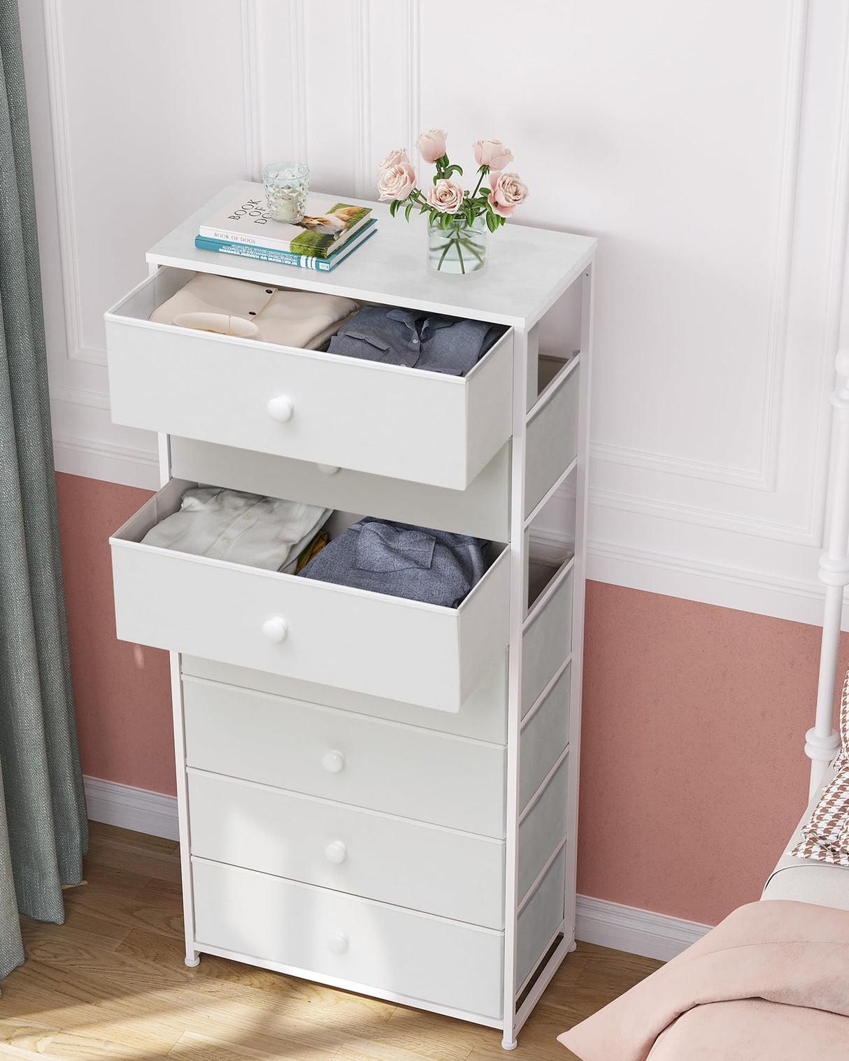 Crestlive Products Tall Dresser, 7-Drawer Wide Fabirc Storage Tower, Chests of Drawers - Vertical Organizer Unit for Bedroom, Hallway, Entryway, Nursery, Wood Top, Closets with Handles (White) Crestlive Products