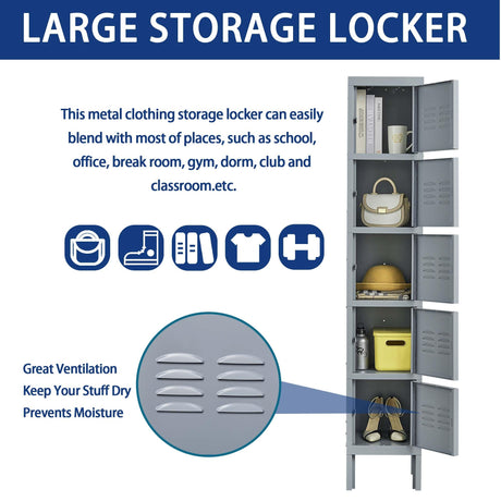Gustonhon Gray Metal Locker 72''Storage Dressing Room Cabinet,Lockers for Employees,5-Door Five-Layer Independent Wardrobe Storage Box for Home,Garage,Bedroom,Gym,Office,School,Fire Department Gustonhon