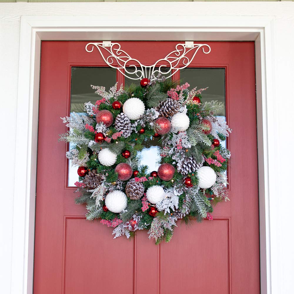 [30 Inch Artificial Christmas Wreath] - Frosted Wonderland Collection - Red White Decoration - Pre Lit with 50 Candy Cane Colored LED Mini Lights - includes Remote Controlled Battery Powered Timer