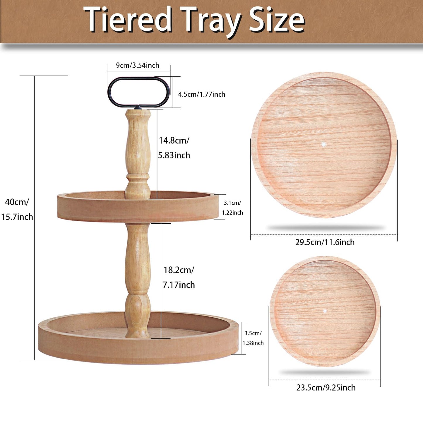 Krismax Decorative Tray - Two Tiered Tray Stand, Rustic Round Farmhouse Style Tiered Tray Decor, Farmhouse 2 Tiered Serving Tray, Holiday Decoration Wooden Tray for Coffee Table Display Stand(Brown)