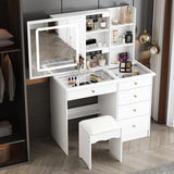 Homsee Vanity Desk Set Makeup Table with Large Sliding Lighted Mirror & Glass Top, Modern Dressing Table with Drawers, Storage Shelves & Stool for Bedroom, White Homsee