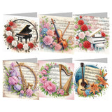 pigpigboss 6 Packs Music Diamond Painting Greeting Card Kit, Special Shaped Flower Piano Violin Guitar Diamond Art Birthday Cards with Envelope for Music Lover Holiday Blessing pigpigboss