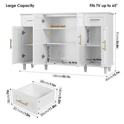HOSTACK Modern Sideboard Buffet Cabinet with Storage, 55" Large Kitchen Buffet Storage Cabinet with Drawers and Shelves, Wood Coffee Bar Cabinet with Gold Handles for Dining Room, Living Room - WoodArtSupply