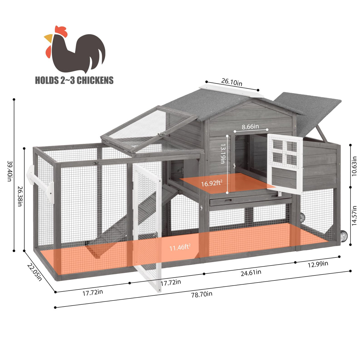Gowoodhut Chicken Coop Solid Wood with Large Run Cage 2 Stories - Asphalt Roof, Nest Box, Pu Wheels, Expandable Solid Wood Cage Gowoodhut