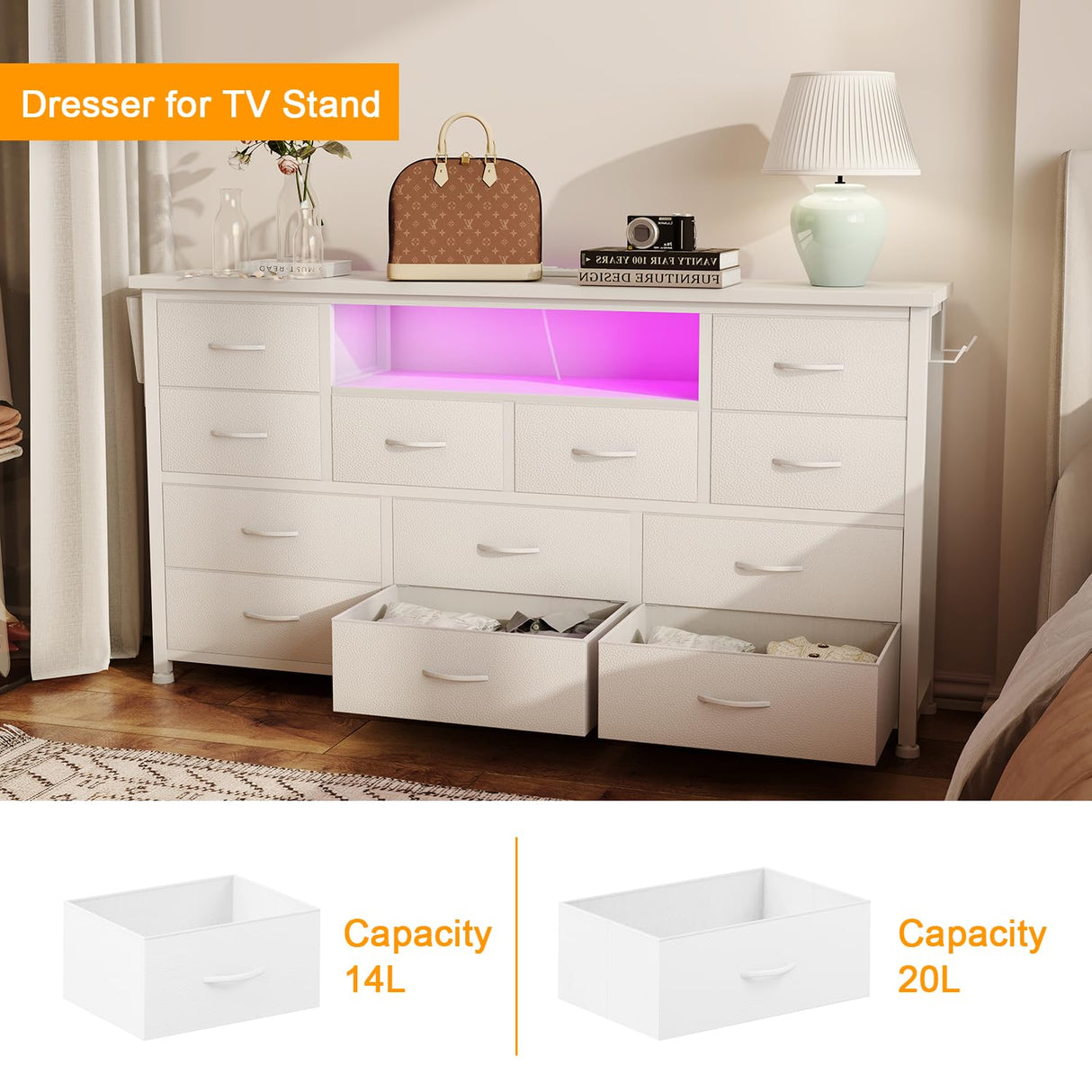 LIVEHOM Dresser TV Stand with Power Outlet & LED for 45'' TV, Long Dresser for Bedroom with 12 Drawers, Wide Console Table for Storage in Closet, Living Room, Entryway, Wood Top LIVEHOM