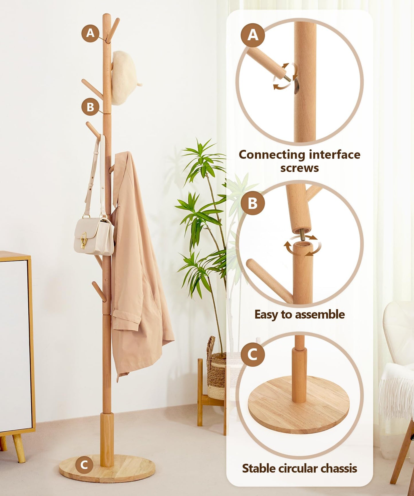 Cozivolife Solid Wood Coat Rack Stand with 9 Hooks, 3 Height Adjustable, Freestanding Coat Tree Hanger for Clothes, Hats, Scarves, bags, Bedroom, Office, Entryway