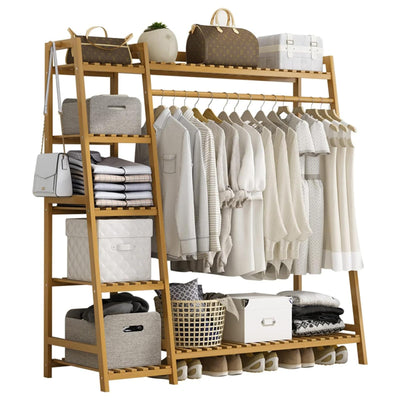 Baveke Bamboo Clothing Garment Rack 7 Tier Storage Shelf Coat Clothes Hanging Rack, Portable Wardrobe Closet Organizer With Top Shelf, Shoe Storage Shelves for Bedroom (Natural - 51.2 in)