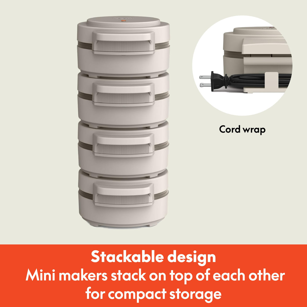 bella Snack-n-Store Mini Waffle Maker, EverGood™ Ceramic Nonstick Coating, Cord Wrap, Ready Indicator Light & Cool Touch Handles, Stackable Design & Customizable Plates, 350 Watt, Oatmilk BELLA