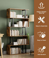 Gadroad 5-Tier Geometric Bookcase,S Shaped Bookshelf, Wood Decorative Storage Shelving, Modern Freestanding Display Shelves, Tall Book Shelf Unit for Living Room Bedroom, Rustic Brown Gadroad