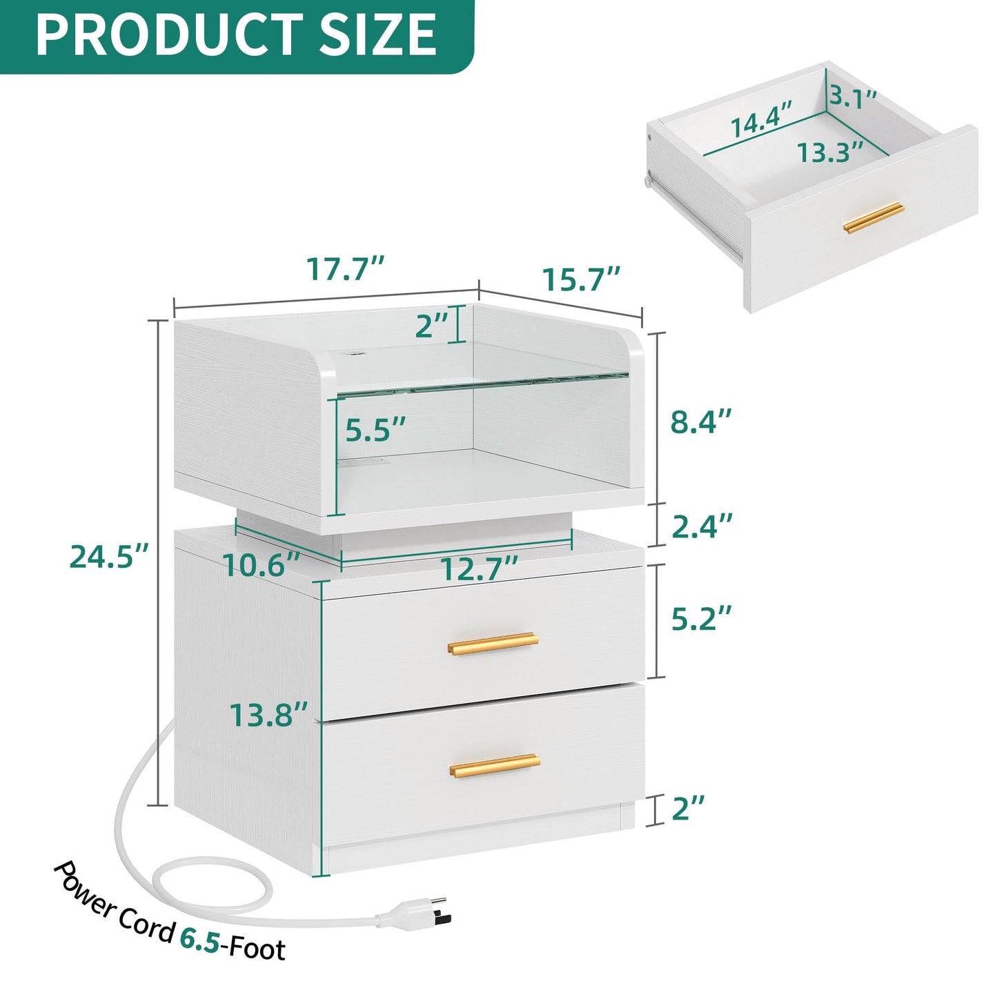 YITAHOME LED Nightstand with Charging Station, Night Stand with Glass Top, Modern Bedside Tables with 2 Drawers for Bedroom, End Side Table with USB Ports and Outlets, Set of 2, White & Gold - WoodArtSupply