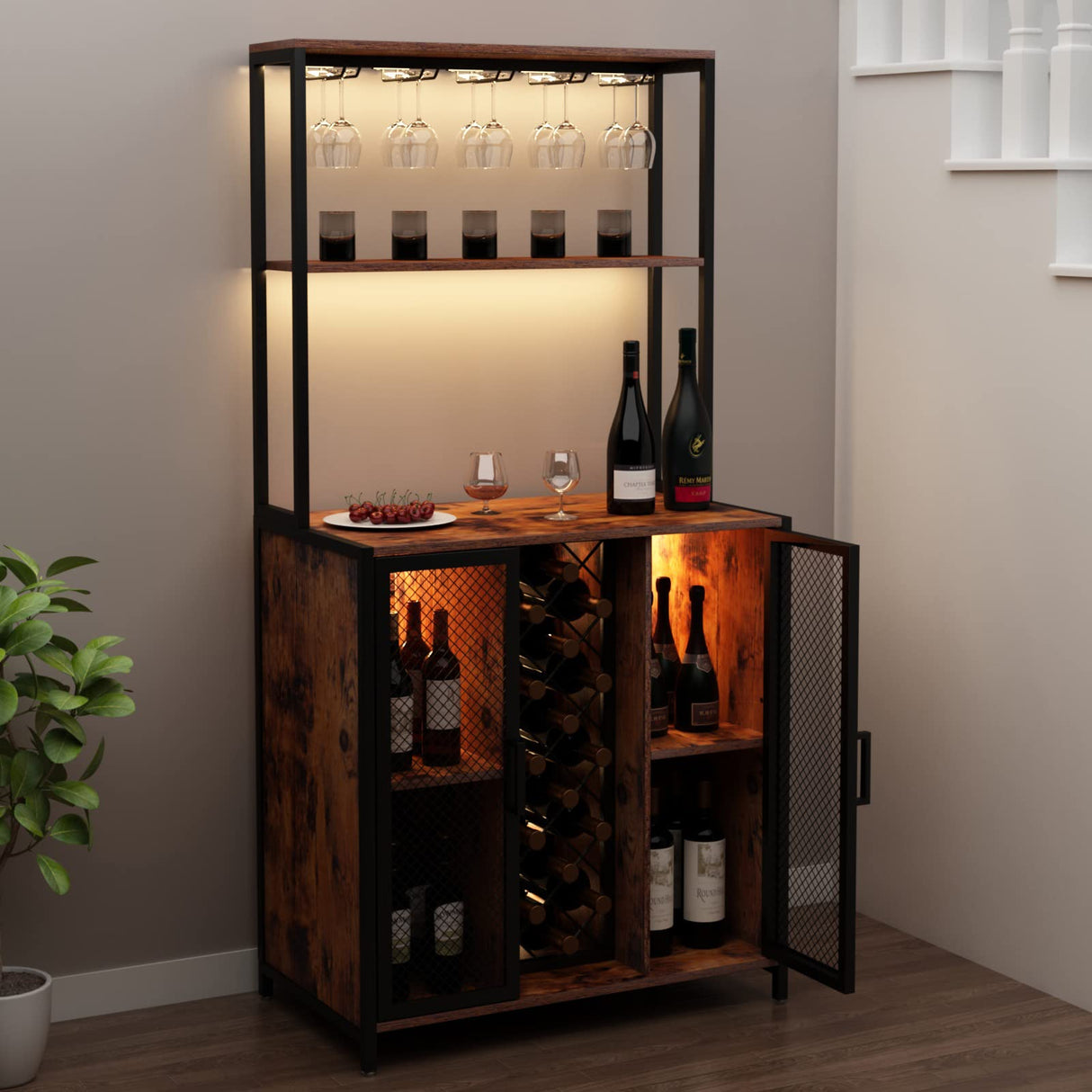 Loomie 5-Tier Rustic Wine Bar Cabinet with LED Lights & Adjustable Shelves Loomie