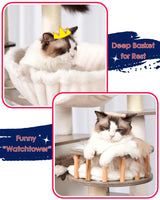 Gitelsnour Cat Tree, 64" Tall Wood Cat Tower for Indoor Cats Large Adult, Modern Cat Condo with Scratching Post and Food Station, Cat Tunnel, 2 Cat Bowls, Hammock, Rustic Gray GCT101-MSG Gitelsnour