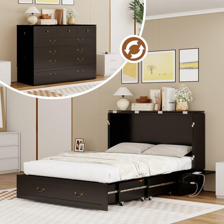 Tafeumob Murphy Bed Queen Size: Wood Murphy Bed Cabinet with Drawer Space-Saving with Golden Handle & Charging Station for Bedroom, Multipurpose Area, Guest Room, Apartment Black (Without Mattress) Tafeumob