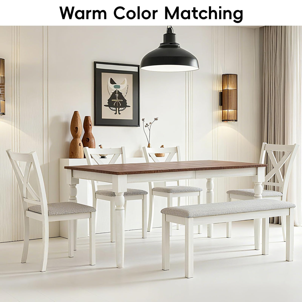 HOPETANA 6-Piece Dining Room Set - Rectangular Solid Elm Wood Table with Bench & Upholstered Chairs, White/Brown HOPETANA