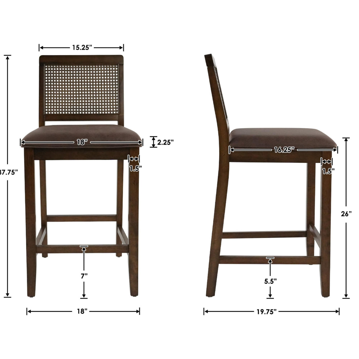 Janoray 26" Counter Height Bar Stools Set of 2, Rattan Woven Barstool with PU Leather Upholstered Seat and Solid Wood Frame Farmhouse Dining Chairs for Kitchen/Island Pub/Bistros/Restaurant Janoray