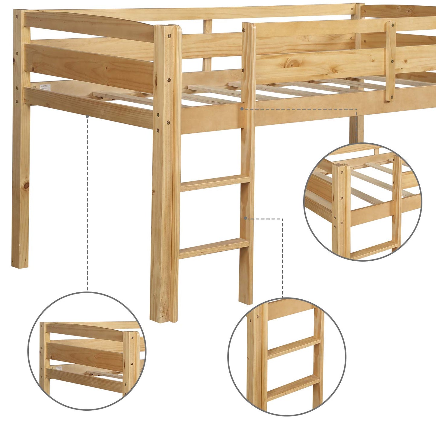 Harper & Bright Designs Twin Size Low Loft Bed with Ladder and Safety Guardrails in Natural Wood - WoodArtSupply