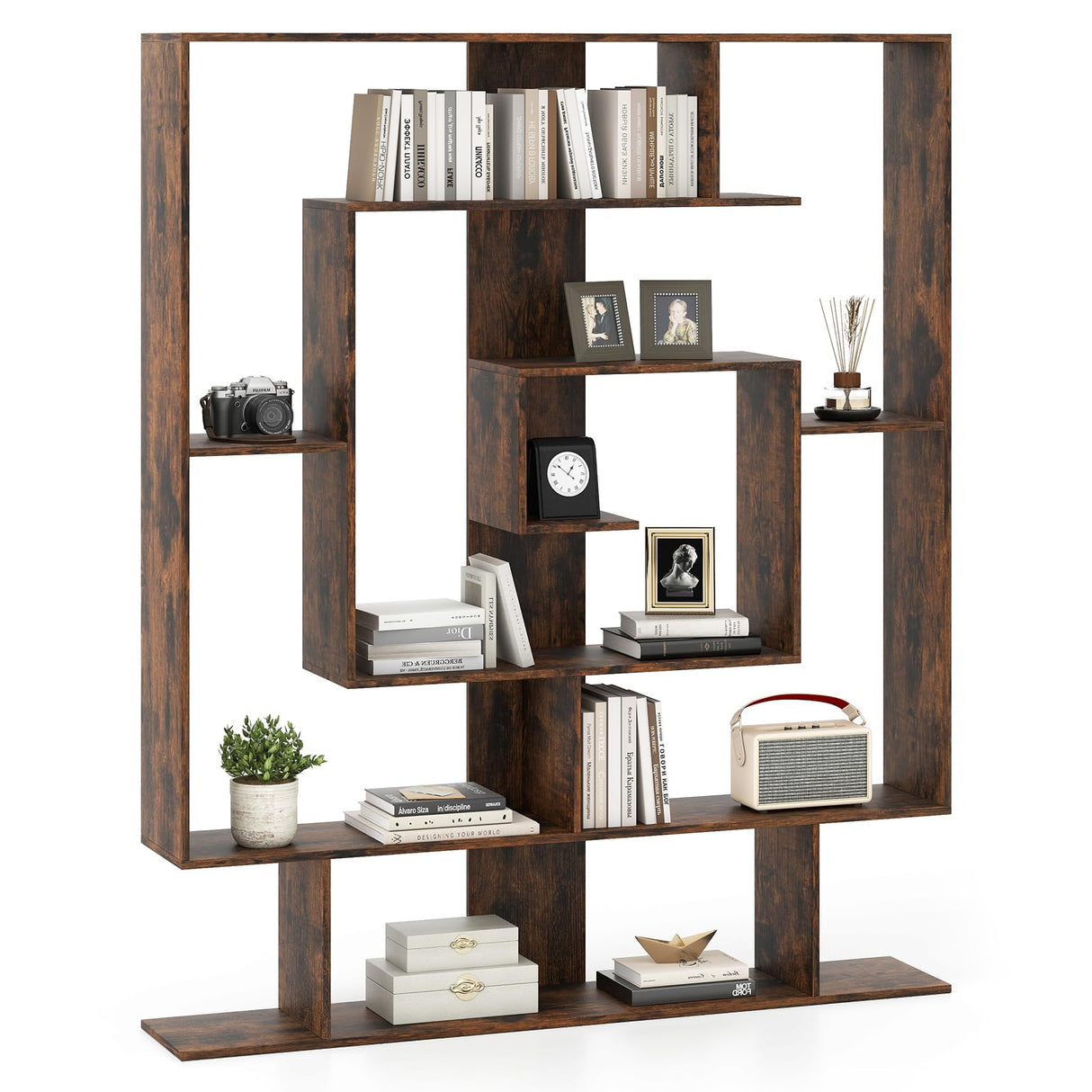 Tangkula Irregular Wooden Bookshelf, Geometric Bookcase w/Open Compartments & 2 Anti-Tip Kits, Decorative Freestanding Display Shelf, Modern Storage Organizer for Living Room, Office (Rustic Brown) Tangkula
