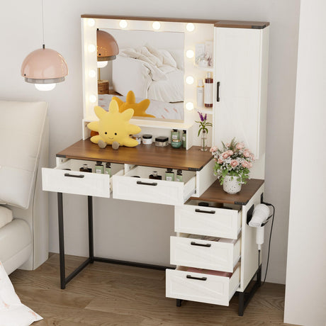 NUNU LAB Large Vanity Desk with Mirror and Lights with 5 Drawers and Cabinets, Women Makeup Table with Power Outlet 40 Inchs, 3-Color Adjustable Lighting for Bedroom Brown NUNU LAB