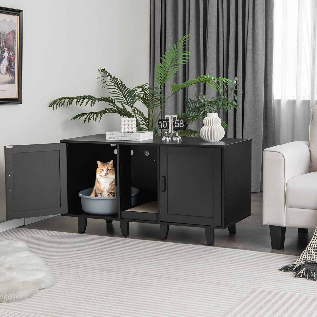 Tangkula Double Cat Litter Box Enclosure for 2 Cats, Large Stackable Hidden Privacy Cat Washroom Cabinet with Scratching Board, Indoor Cat House TV Stand Side Table, Litter Box Furniture (Black) Tangkula