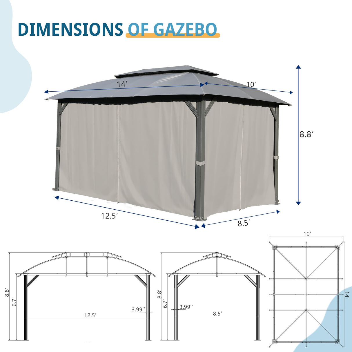 Domi Gazebo 10x14FT, Outdoor Gazebo with Double Roofs, Privacy Curtains, Mosquito Nettings, Heavy Duty Metal Frame Party Tent Canopy for Patio, Backyard, Deck, Lawn, Grey domi outdoor living