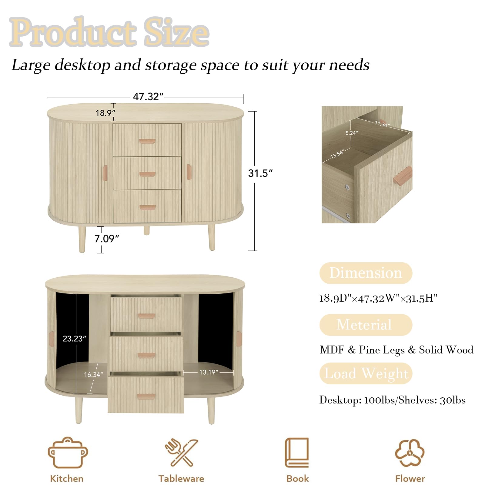 YHAOWORKS Sideboard Buffet Cabinet with Storage - Fluted Sideboard with Sliding Door, Wooden Console Cabinet with Drawers, 48" Modern Credenza for Living Room (Oka Beige) - WoodArtSupply