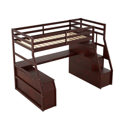 Twin Loft Bed with Stairs and Desk by Harper & Bright Designs - Solid Wood Frame with 7 Drawers & 2 Shelves in Espresso