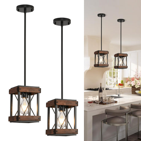 HOXIYA Farmhouse Pendant Light, 2 Pack Rustic Farmhouse Linear Chandelier with Wood and Metal Cage, Kitchen Island Pendant Light Adjustable Height for Dining Room Light Kitchen Island Bedroom HOXIYA
