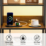 Furnulem Night Stand, Tall Nightstand with 4-Tier Shelves and 3 Fabric Drawers, LED Bed Side Tables with Charging Station, Bedside Table for Bedroom, Hallway, Home Office, Black Oak Furnulem