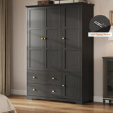ONBRILL 3 Doors Wooden Wardrobe Closet Armoire with Pull Out Pants Rack, Bedroom Large Capacity Armoire with Drawers and Shelves, Storage Cabinet for Hanging Clothes, Black ONBRILL