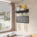 SKIKEN Folding Metal Shelf with Hooks, Wall Mounted Laundry Room Shelf, 8 Hooks & 90° Fold Up, Fold-Down for Rv, Bathroom, Kitchen, Garage, Space Saving, Small Space, Black（17.0", 1 Pack） SKIKEN