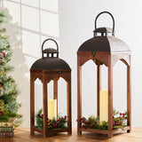 Glitzhome Set of 2 Mondern Farmhouse Wooden Lantern Hanging Decorative Candle Lanterns for Outdoor & Indoor Brown (No Glass) Glitzhome