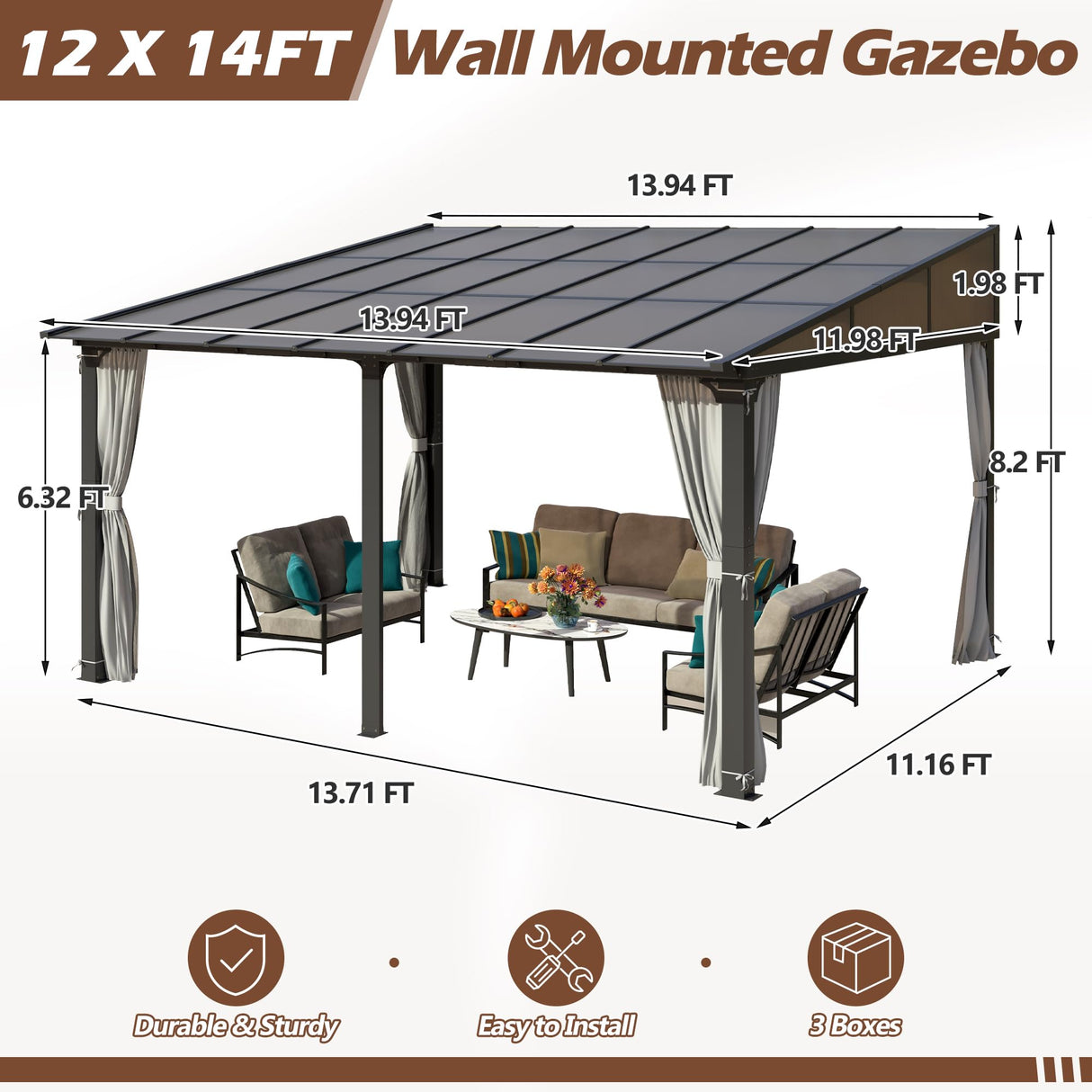 Raysfung 12x14FT Outdoor Wall-Mounted Hardtop Gazebo, Aluminum Frame Lean to Gazebo with Polycarbonate Roof and Curtains for Patio, Garden, Deck Raysfung