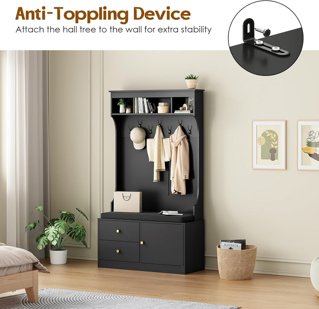 ComeWay Hall Tree with Storage 70.9 Inch Height, Coat Rack with 7 Hooks & Shoe Cabinet with Doors, 6-in-1 Farmhouse Hall Tree Anti-toppling, Shoes Rack for Entryway Hallway, Modern Black ComeWay