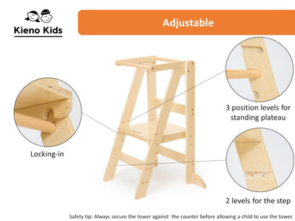 Foldable Kitchen Stool for Kids - Foldable Toddler Tower, Kitchen Stool for Toddlers, Toddler Standing Tower, Toddler Tower, Kids Stool (Wood Color)