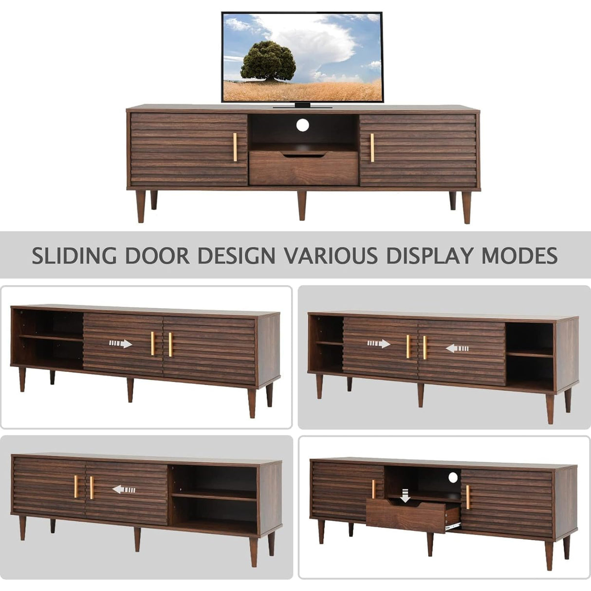 Mid-Century Modern TV Stand for TVs up to 65" Wood TV Console Media Cabinet with Drawer, Sliding Door Storage Cabinet, Open Shelf Home Entertainment Center for Living Room and Bedroom, Brown 59" Alohappy